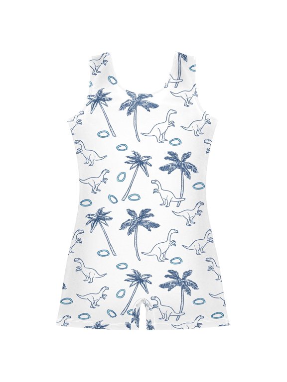 Tropical Cartoon Dinosaur Pattern Girls Leotards Gymnastics Tumbling Outfit Biketard Unitard 9-10Years