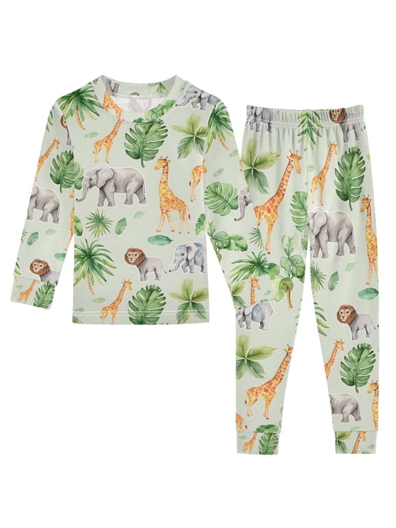 Tropical Elephant Giraffe Kids 2 Piece Long Sleeve Tee and Pants Pajama Set 5Y