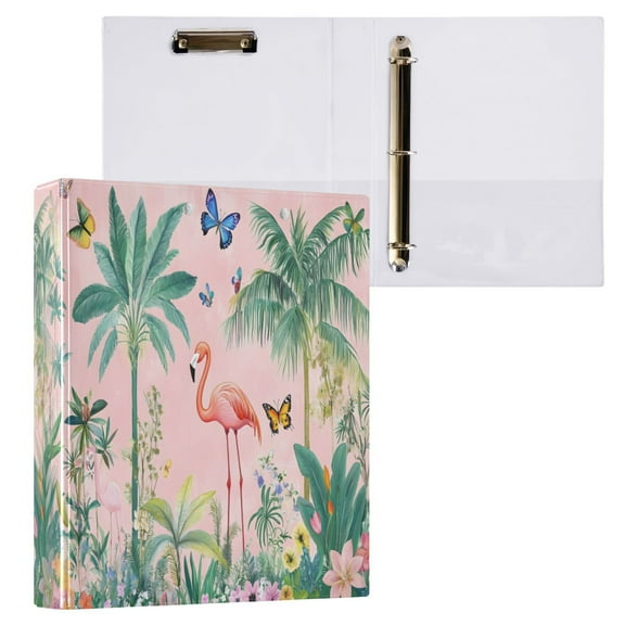 joogoo Tropical Flamingo Butterfly Hardcover 3 Ring Binder 1.5" Round Rings Interior Pockets Binders Organizer 1 Pack