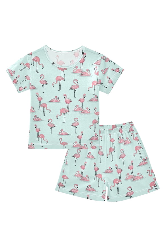 Tropical Flamingo Swimming Pajama Sets Short Sleeve Cotton 2-Piece Sleepwear 6Y