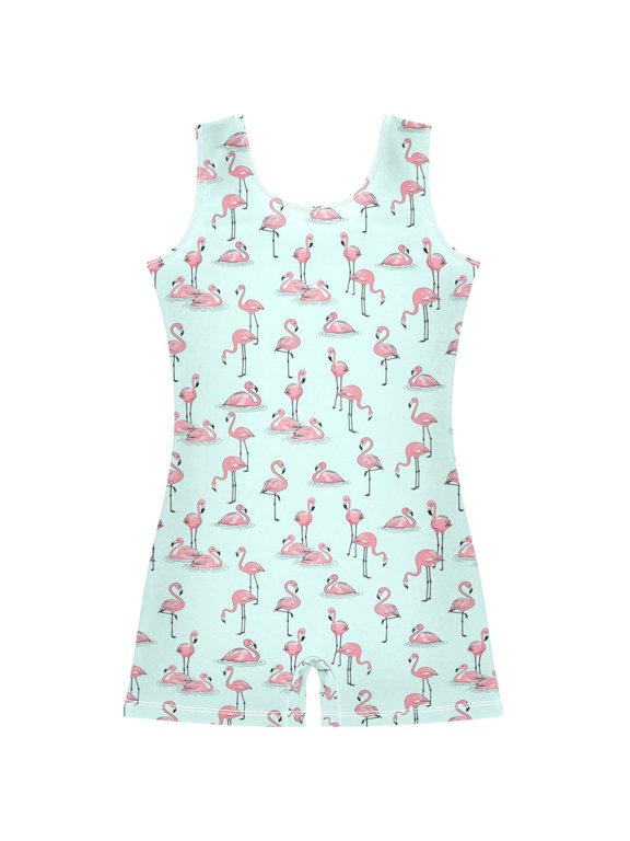 Tropical Flamingo Swimming Pattern Girls Leotards Gymnastics Tumbling Outfit Biketard Unitard 7-8Years