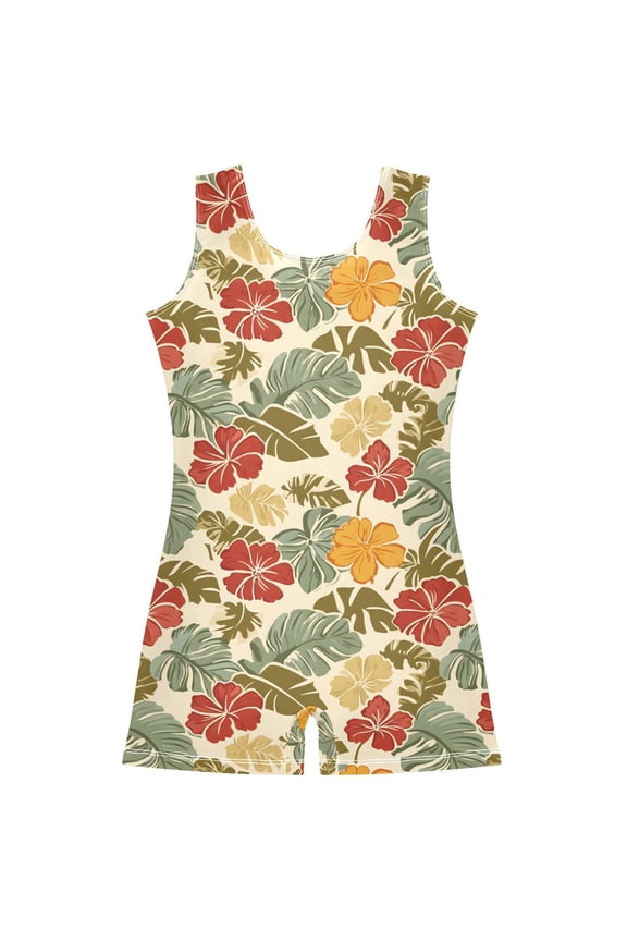Tropical Leaf Flower Pattern Girls Leotards Gymnastics Tumbling Outfit Biketard Unitard 9-10Years