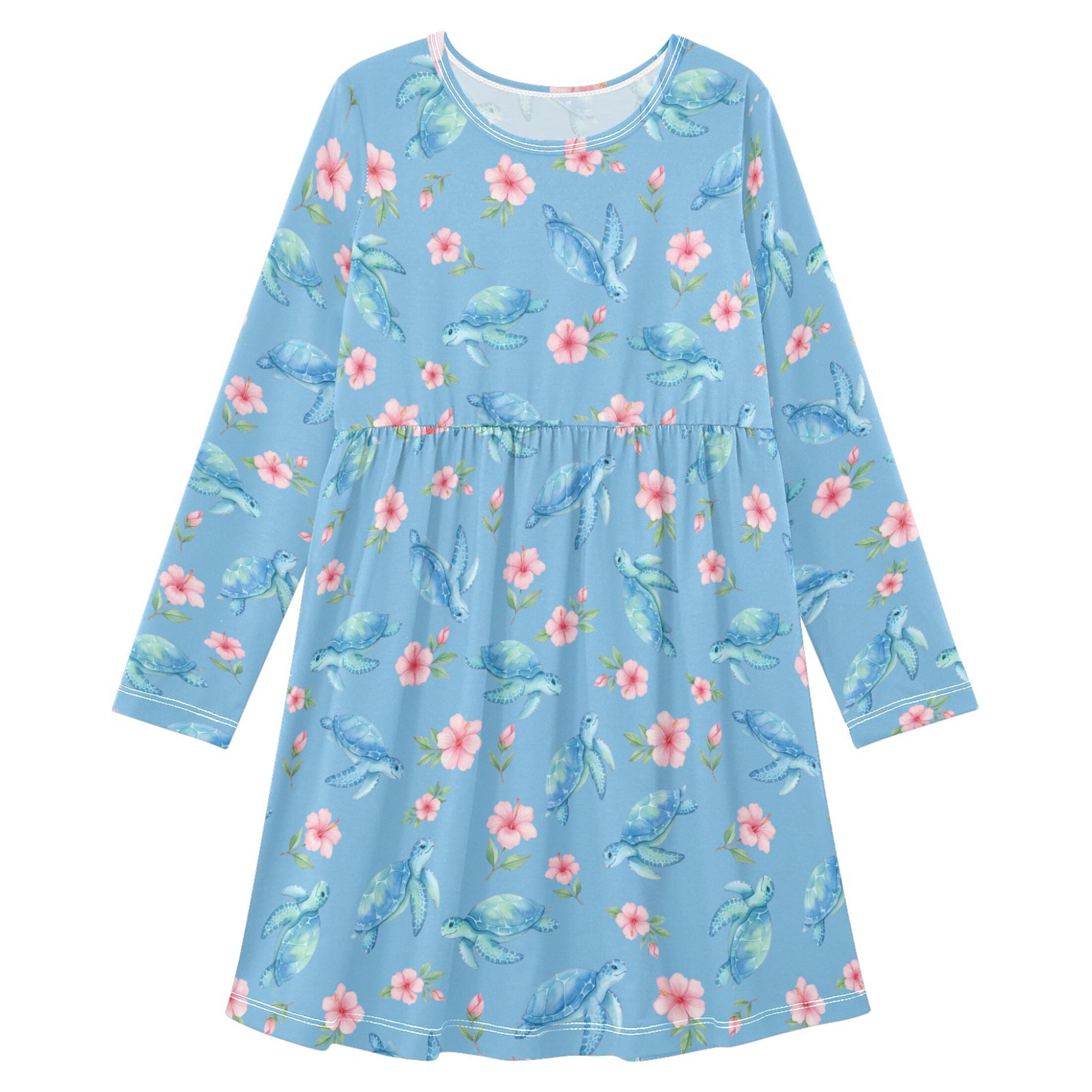 joogoo Tropical Turtle Hibiscus Flower Girls' Long Sleeve Dress Toddler ...