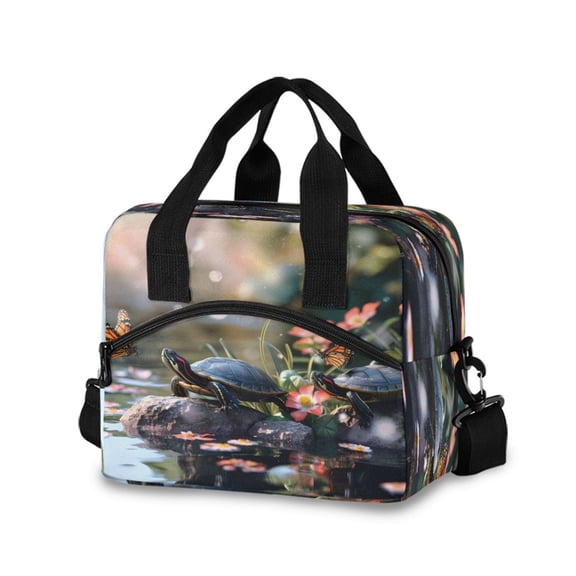 joogoo Turtle See Butterfly Floral Insulated Lunch Bags Reusable Cooler Box with Shoulder Strap