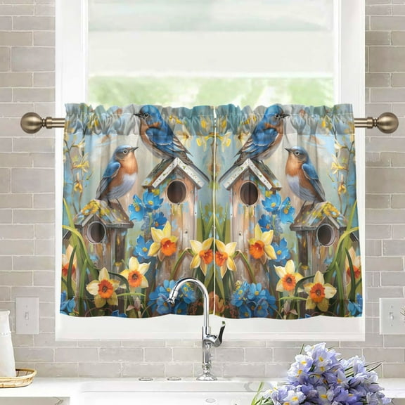 joogoo Two Bird on House Curtains Sets Half Window Cafe Farmhouse Tier 2 Panels Short Curtain Rod Pocket 27"W x 24"L
