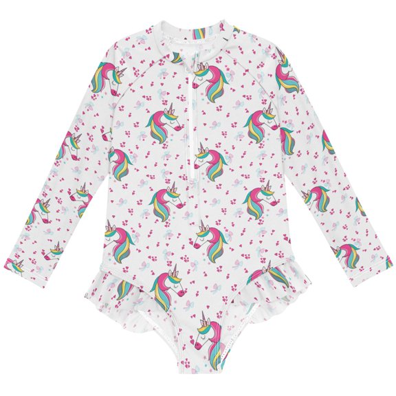 joogoo Unicorn Bows Pattern Girls One-Piece Swimsuits UPF 50+ Long Sleeve Rash Guard Bathing Suit 3 Years