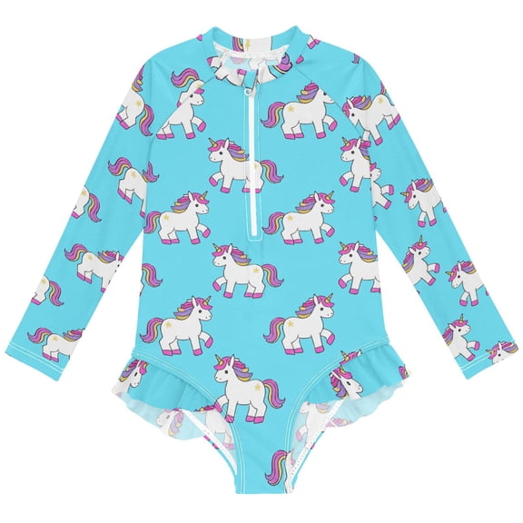 joogoo Unicorn Cute Pattern Girls One-Piece Swimsuits UPF 50+ Long Sleeve Rash Guard Bathing Suit 3 Years