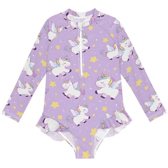 joogoo Unicorn Cute Star Pattern Girls One-Piece Swimsuits UPF 50+ Long Sleeve Rash Guard Bathing Suit 11-12 Years