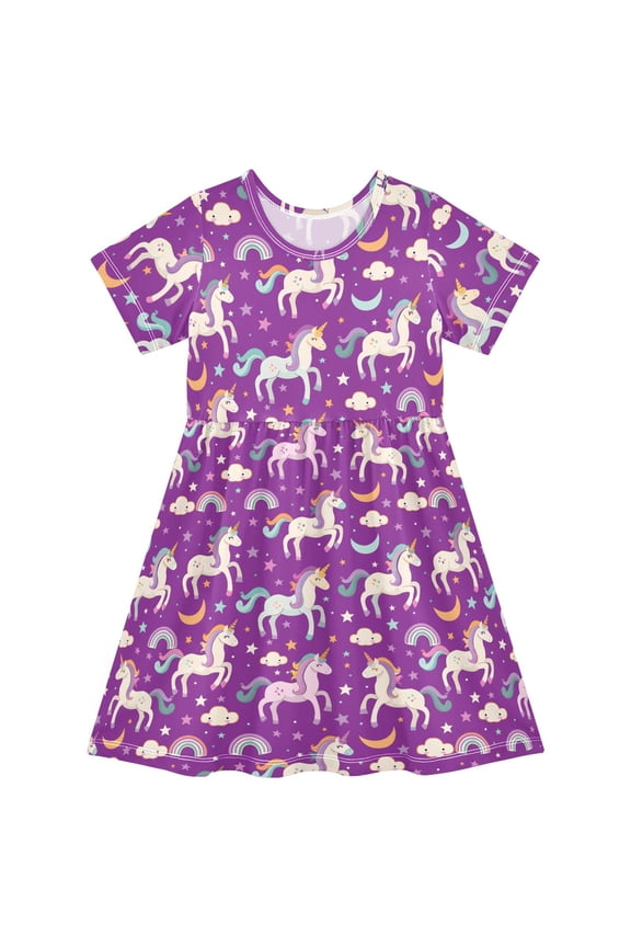 Unicorn Rainbow Clouds Girls' Short Sleeve Dress Kids Dresses 4T