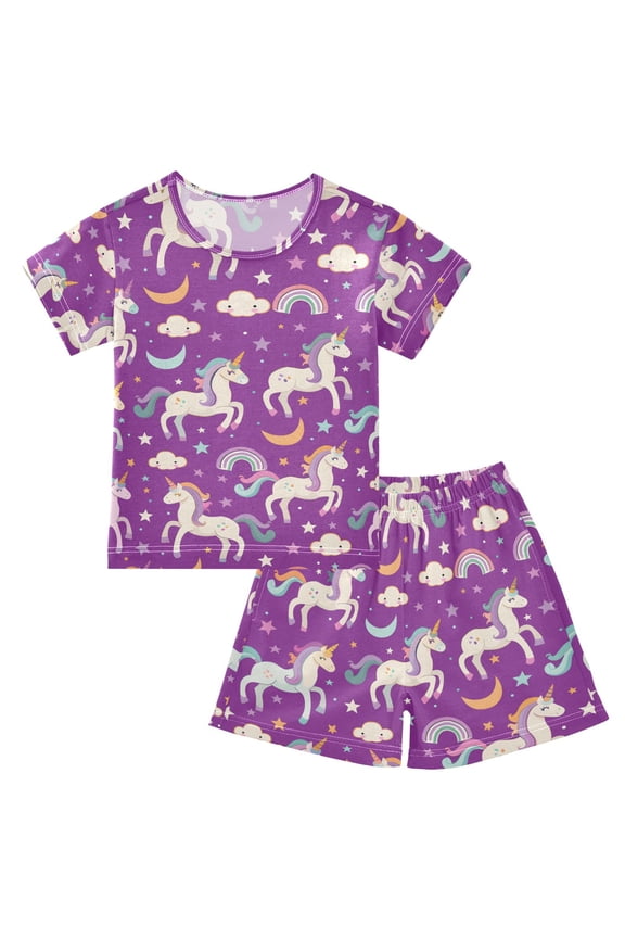 Unicorn Rainbow Clouds Pajama Sets Short Sleeve Cotton 2-Piece Sleepwear 10Y