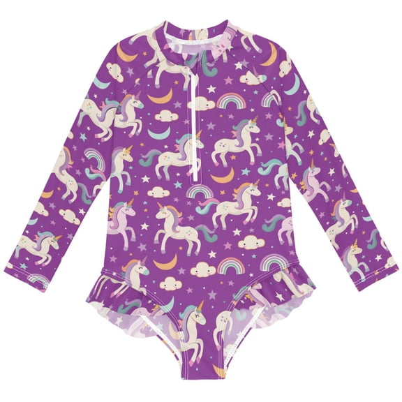 joogoo Unicorn Rainbow Clouds Pattern Girls One-Piece Swimsuits UPF 50+ Long Sleeve Rash Guard Bathing Suit 3 Years