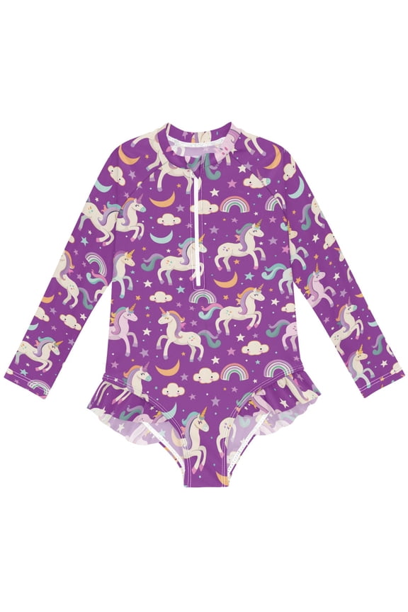 Unicorn Rainbow Clouds Pattern Girls One-Piece Swimsuits UPF 50+ Long Sleeve Rash Guard Bathing Suit 3 Years