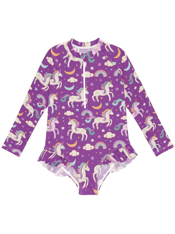 Unicorn Rainbow Clouds Pattern Girls One-Piece Swimsuits UPF 50+ Long Sleeve Rash Guard Bathing Suit 7-8 Years