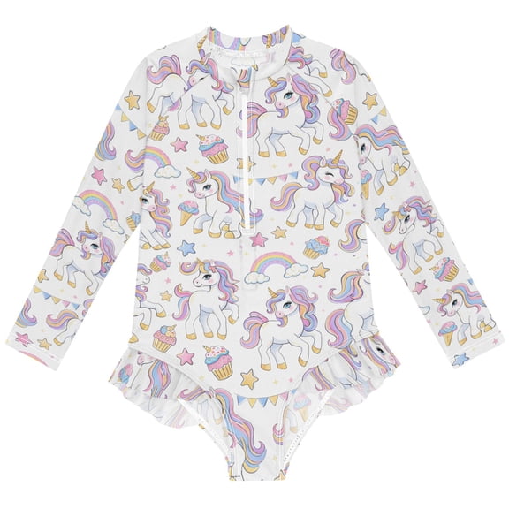 joogoo Unicorn Rainbows Pattern Girls One-Piece Swimsuits UPF 50+ Long Sleeve Rash Guard Bathing Suit 5-6 Years