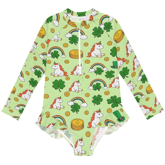 joogoo Unicorn and Rainbow Pattern Girls One-Piece Swimsuits UPF 50+ Long Sleeve Rash Guard Bathing Suit 9-10 Years