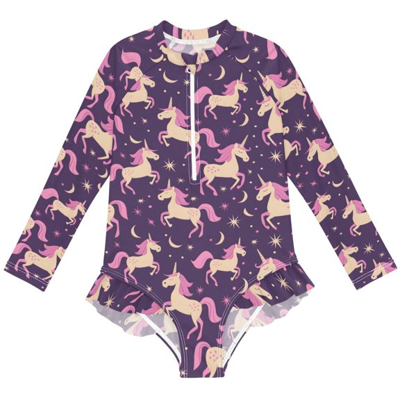 joogoo Unicorn and Stars Pattern Girls One-Piece Swimsuits UPF 50+ Long Sleeve Rash Guard Bathing Suit 5-6 Years