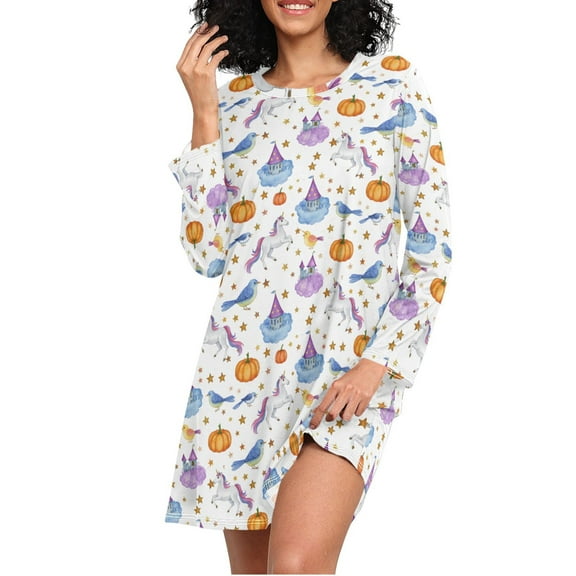 joogoo Unicorn and Stars Women's Long Sleeve Nightgown Sleepwear L