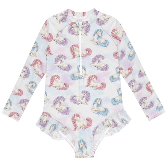 joogoo Unicorn in Rainbow Pattern Girls One-Piece Swimsuits UPF 50+ Long Sleeve Rash Guard Bathing Suit 3 Years