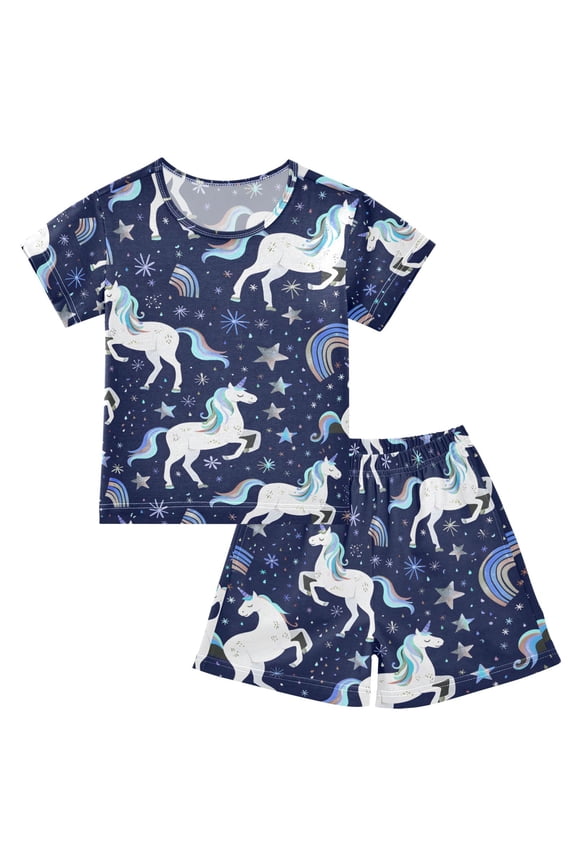 Unicorns Rainbows Pajama Sets Short Sleeve Cotton 2-Piece Sleepwear 10Y