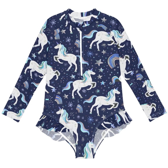 joogoo Unicorns Rainbows Pattern Girls One-Piece Swimsuits UPF 50+ Long Sleeve Rash Guard Bathing Suit 5-6 Years