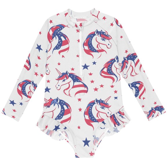 joogoo Unicorns Stars Pattern Girls One-Piece Swimsuits UPF 50+ Long Sleeve Rash Guard Bathing Suit 4 Years