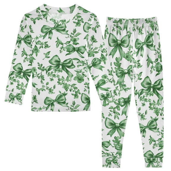 joogoo Vintage Bows Green 2 Piece Long Sleeve Tee and Pants Cotton Pajama Set 5Y