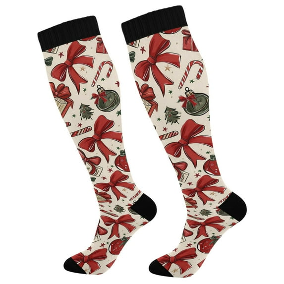 joogoo Vintage Christmas Bow Gifts Socks Women Men Knee High Sock