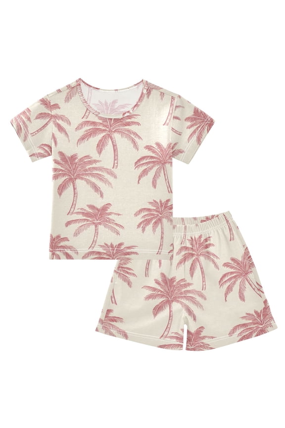 Vintage Coconut Palm Tree Pattern Pajama Sets Short Sleeve Cotton 2-Piece Sleepwear 12Y