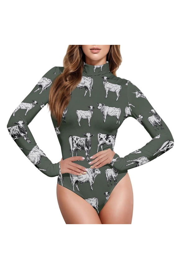 Vintage Cows Women's Mock Turtle Neck Long Sleeve Bodysuit M