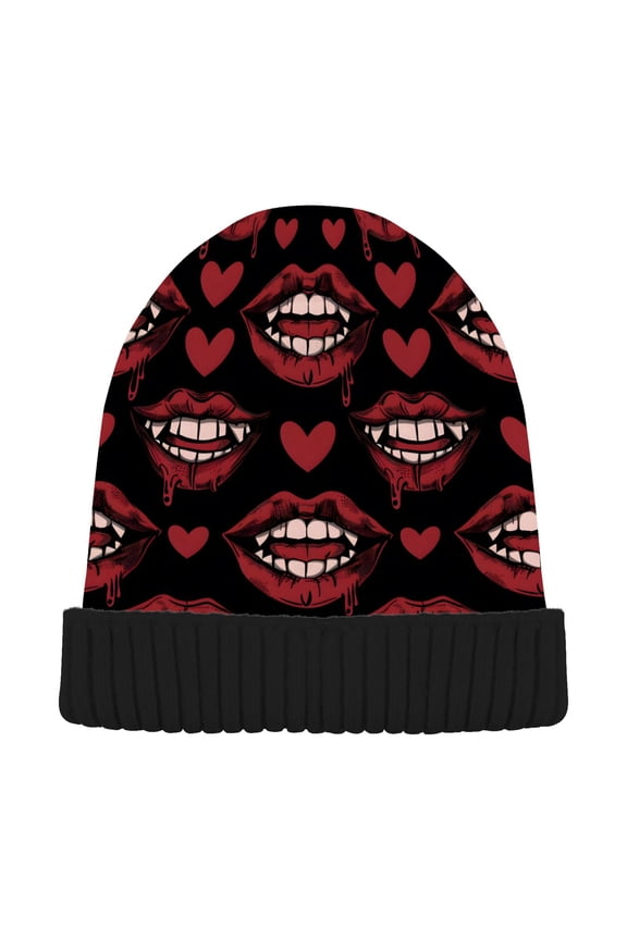 Vintage Hearts Mouth Beanie Hats Cuffed Winter Warm Knit Thick Beanies