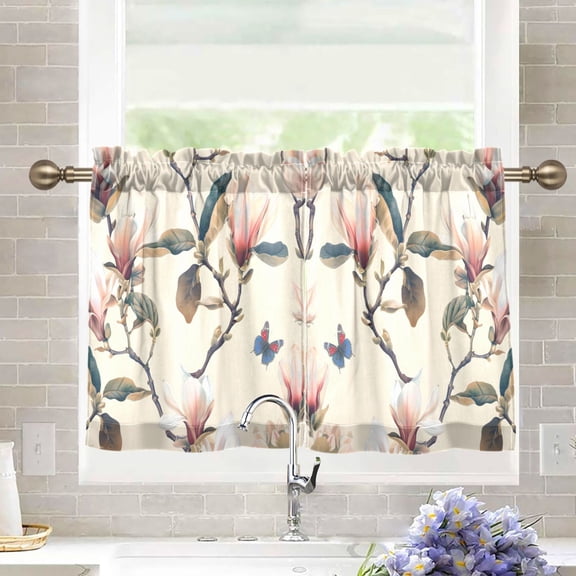 joogoo Vintage Magnolia and Butterflies Curtains Sets Half Window Cafe Farmhouse Tier 2 Panels Short Curtain Rod Pocket 27"W x 36"L