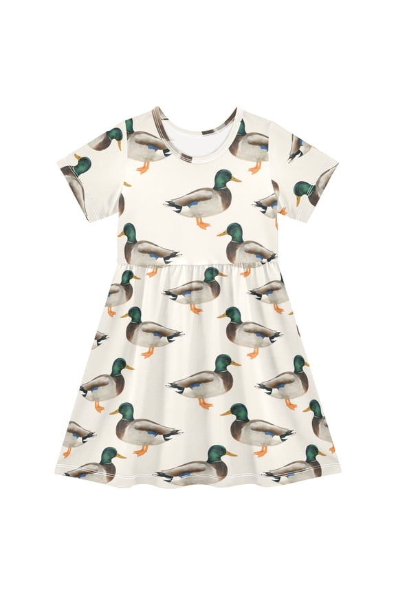 Vintage Mallard Ducks Girls' Short Sleeve Dress Kids Dresses 5-6T