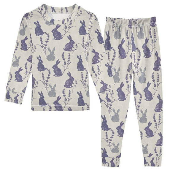 joogoo Vintage Rabbits Lavender Flowers 2 Piece Long Sleeve Tee and Pants Cotton Pajama Set 6Y