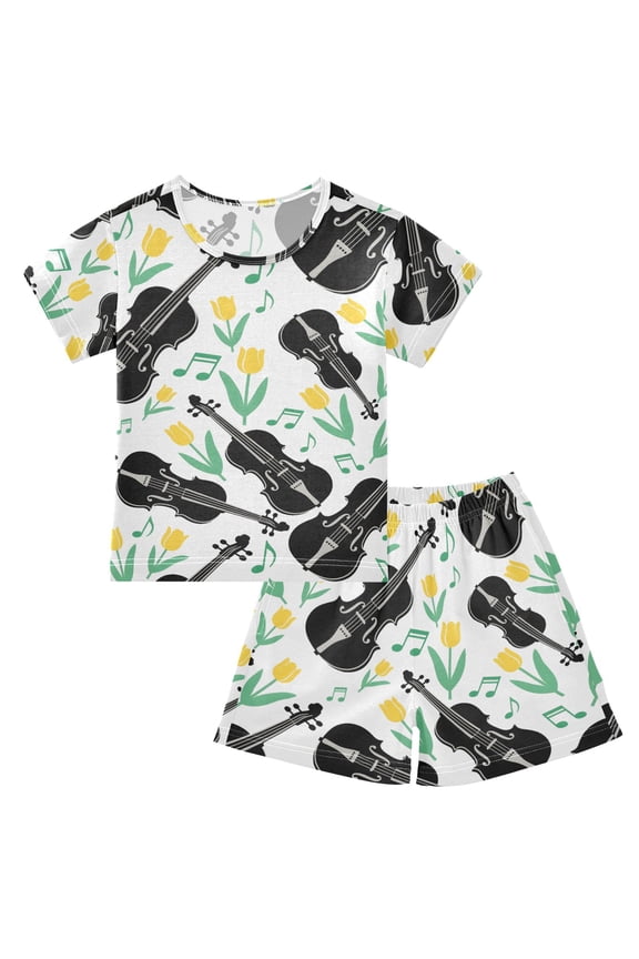 Violins Tulip Flowers Pajama Sets Short Sleeve Cotton 2-Piece Sleepwear 14Y