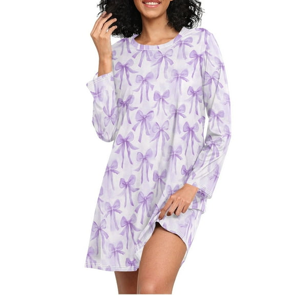 joogoo Watercolor Bow Purple Women's Long Sleeve Nightgown Sleepwear XXXL