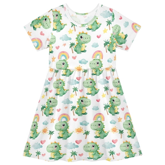 joogoo Watercolor Dinosaur Rainbow Girls' Short Sleeve Dress Kids Dresses 5-6T