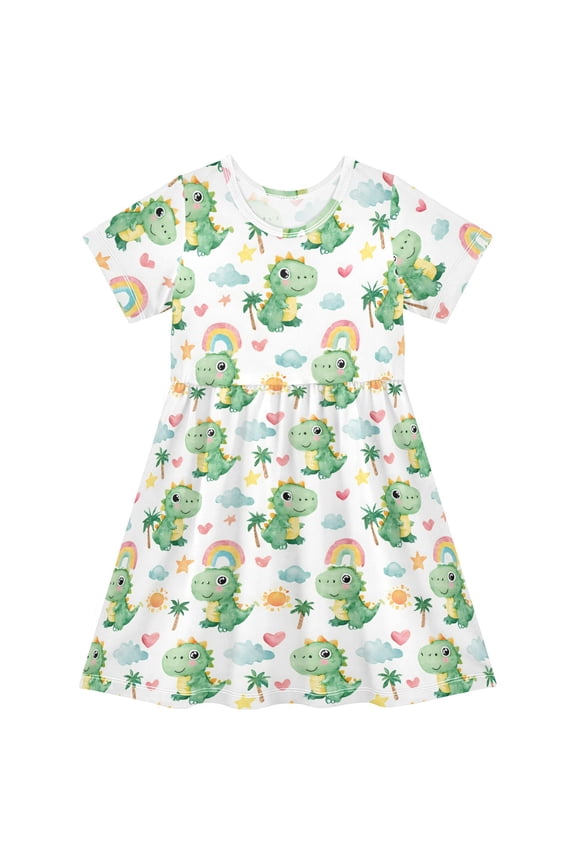 Watercolor Dinosaur Rainbow Girls' Short Sleeve Dress Kids Dresses 5-6T