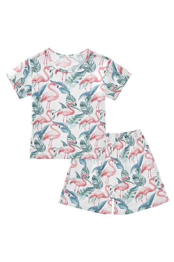Watercolor Tropical Flamingo Pajama Sets Short Sleeve Cotton 2-Piece Sleepwear 10Y
