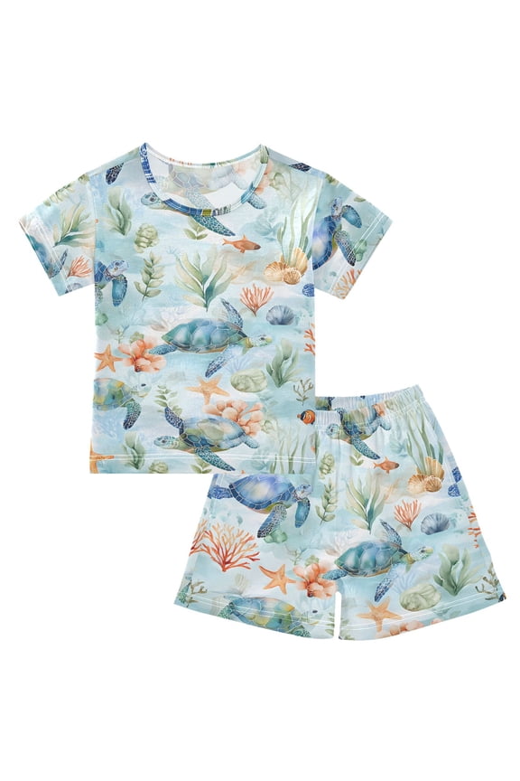 Watercolor Turtle Cartoon Pajama Sets Short Sleeve Cotton 2-Piece Sleepwear 10Y