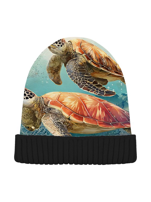Watercolor Turtles in Sea Beanie Hats Cuffed Winter Warm Knit Thick Beanies