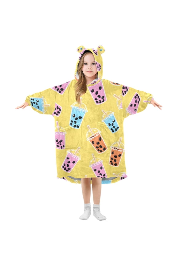Wearable Blanket Boba Bubble Tea Yellow Hoodie for Oversized Sherpa Hooded 3-14 YR M