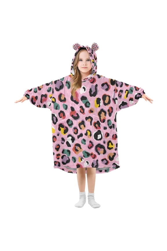 Wearable Blanket Colorful Leopard Hoodie for Oversized Sherpa Hooded 3-14 YR M