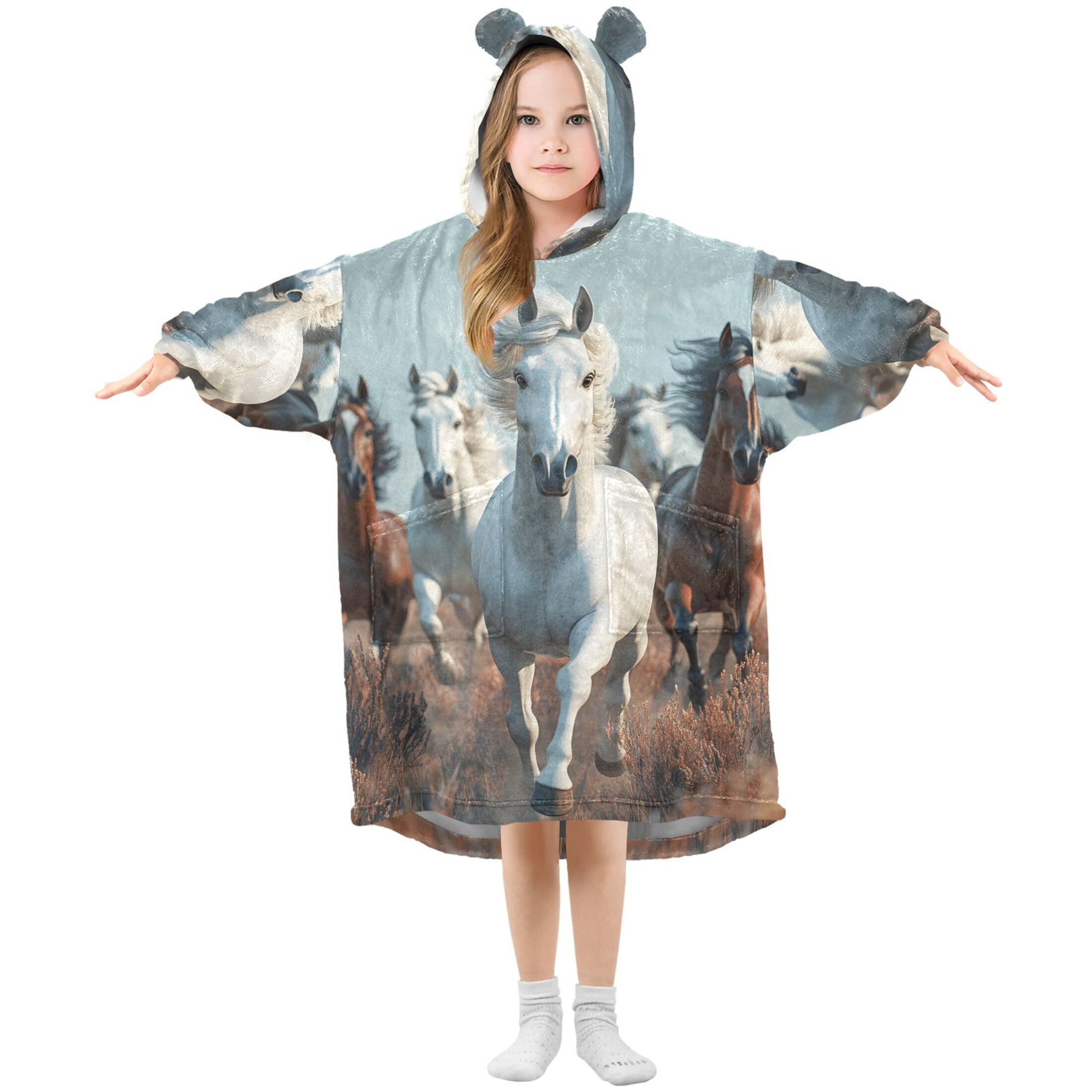 joogoo Wearable Blanket Hoodie 3d Horses Running for Flannel Sherpa Pocket 3-14 YR L