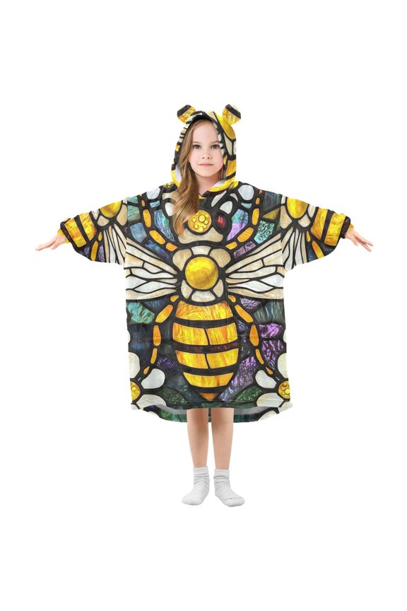 Wearable Blanket Hoodie Bee in Bohemia Floral-1 for Flannel Sherpa Pocket 3-14 YR L