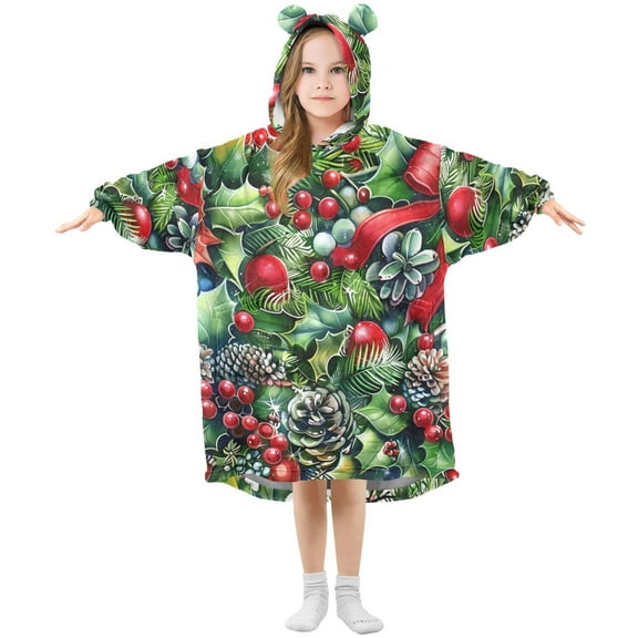 joogoo Wearable Blanket Hoodie Berry Pine Cones Poinsettia Flower for Flannel Sherpa Pocket 3-14 YR S