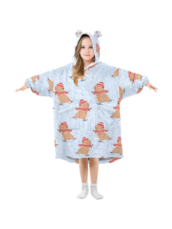 Kids Wearable Blanket Hoodie Capybara Skiing for Flannel Sherpa Pocket 3-14 YR S