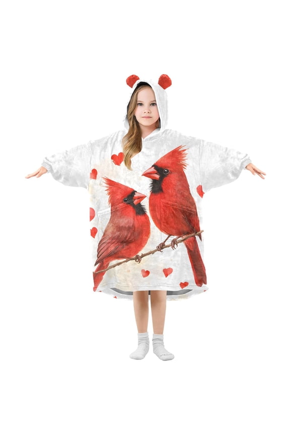 Wearable Blanket Hoodie Cardinals Bird Hearts for Flannel Sherpa Pocket 3-14 YR L
