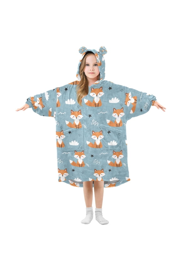 Wearable Blanket Hoodie Cartoon Fox for Flannel Sherpa Pocket 3-14 YR S