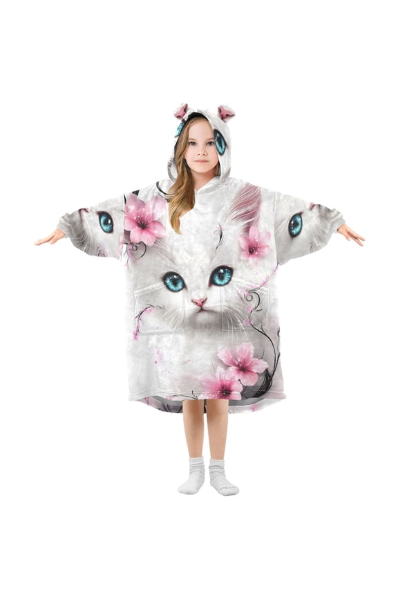 Wearable Blanket Hoodie Cat in Flowers for Flannel Sherpa Pocket 3-14 YR S