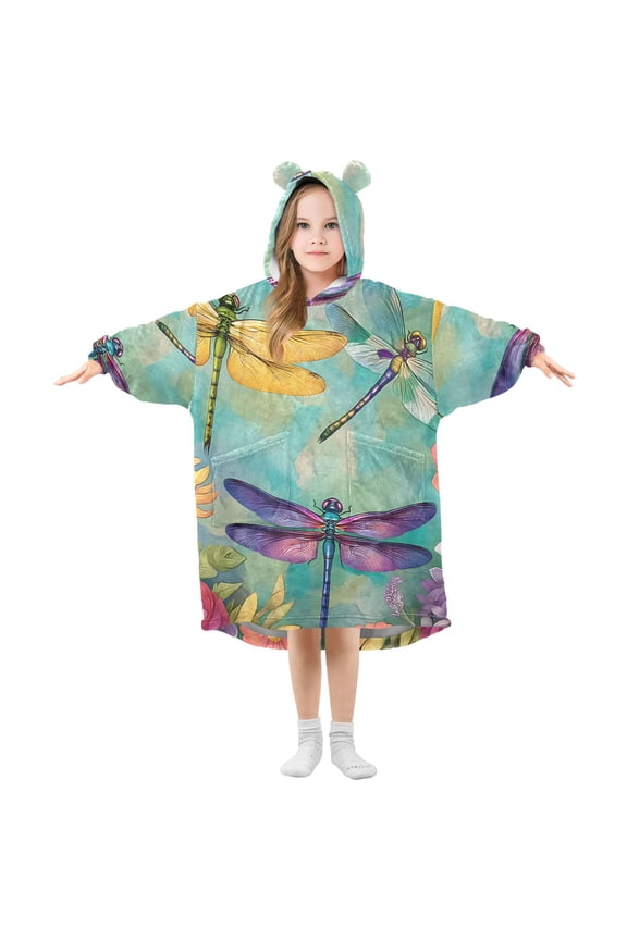 Wearable Blanket Hoodie Colorful Dragonfly Flowers for Flannel Sherpa Pocket 3-14 YR S